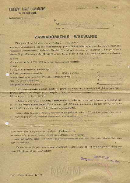 KKE 5320.jpg - Dok. Wezwanie do zapłaty z Urzędu Likwidacji w Olsztynie dla Jana Małyszko, Ostróda, 31 XII 1946 r.